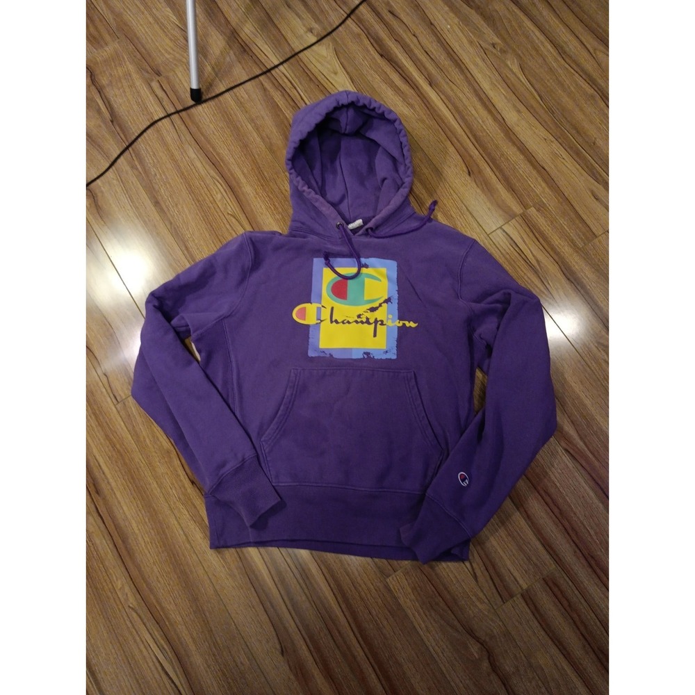 Vintage Champion Sweatshirt Men M Purple Heavy Hooded Reverse Weave Distress Y2K
